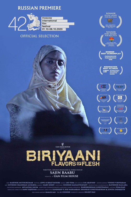 The poster features a woman in traditional attire against a deep blue background, evoking a sense of mystery and cultural richness. The title "Biriyaani" is prominently displayed in bold gold letters, suggesting themes of flavor and identity. The film's accolades and "Russian Premiere" tag hint a...