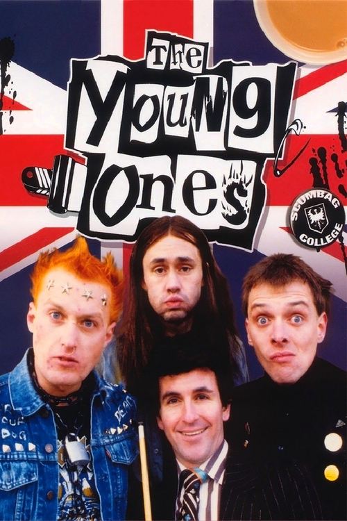 The poster features four young men in colorful, eclectic clothing against a vibrant Union Jack background. Their expressions range from serious to playful, capturing the energetic and youthful spirit of the show. The bold typography and dynamic composition evoke a sense of adventure and camaraderie.