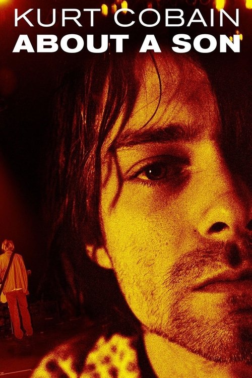 The poster features a close-up of Kurt Cobain's face, bathed in warm, golden hues that evoke a sense of nostalgia and introspection. In the background, a solitary figure stands against a dark, moody backdrop, adding depth and emotional weight to the image. The overall mood is somber yet poignant,...
