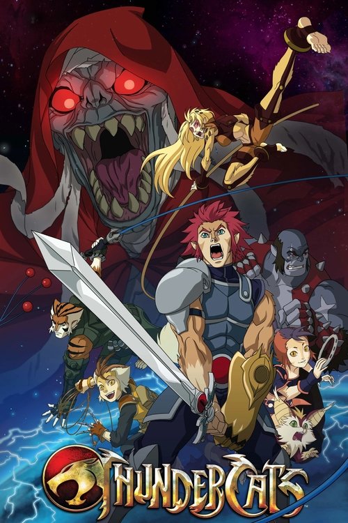 This poster features a dramatic scene with ThunderCats characters in action, set against a dark, starry background. The vibrant reds and blues of the ThunderCats' colors contrast with the ominous red dragon looming in the background. The mood is adventurous and heroic, capturing the essence of th...
