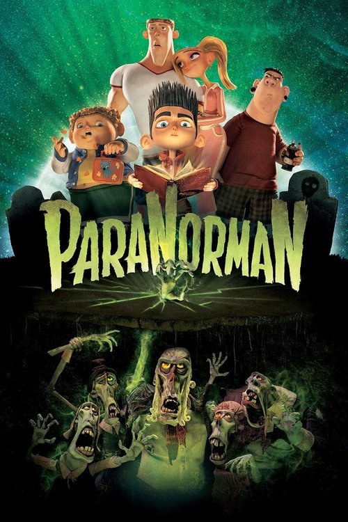 The poster features a group of animated characters in a dark, ominous setting with green hues. The title "ParaNorman" is prominently displayed in bold, yellow letters. The mood is eerie and suspenseful, suggesting a horror or thriller genre.