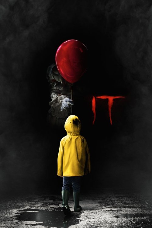 A lone figure in a yellow raincoat stands in a dark, foggy room, holding a red balloon that floats above a mysterious red "It" symbol. The eerie atmosphere and stark contrast evoke a sense of dread and mystery.