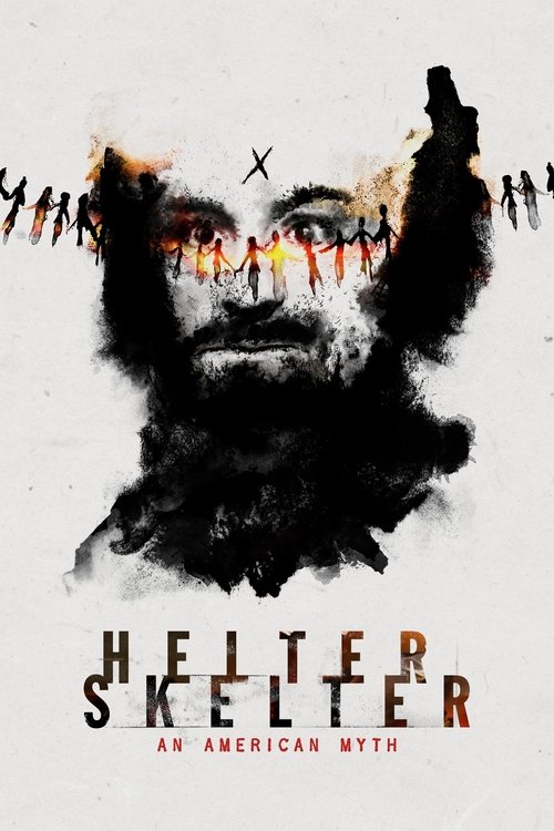 The poster features a haunting silhouette of a bearded man with a menacing expression, surrounded by tiny figures in the background. The image is dominated by dark tones with hints of orange and red, creating a somber and eerie atmosphere. The title "Helter Skelter" is prominently displayed in bo...