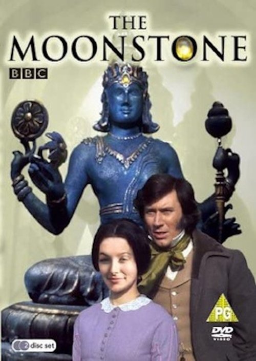 The Moonstone poster features a mystical blue-skinned figure in the background, exuding an ethereal aura. In the foreground, a young girl in a purple dress stands with a serious expression, while a man in a suit holds a telescope, suggesting a blend of wonder and curiosity. The muted tones and so...