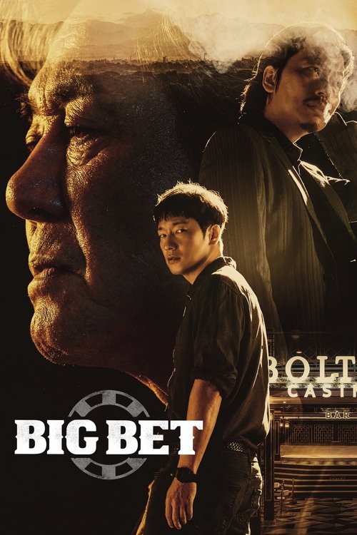 The poster features a dramatic, sepia-toned scene with a large, weathered face looming over two men. The mood is intense and mysterious, evoking suspense and intrigue. The title "BIG BET" is prominently displayed in bold, white letters, with a film reel graphic subtly integrated into the design.