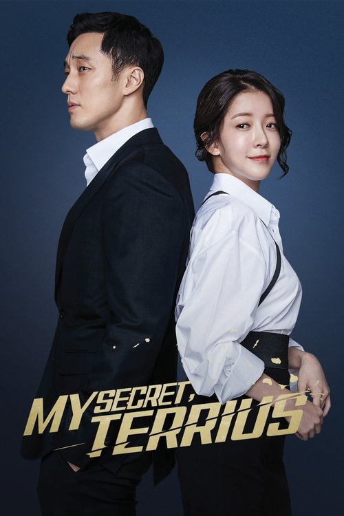 The poster features a man in a dark suit and a woman in a white blouse with suspenders, standing back-to-back against a deep blue background. The title "MY SECRET TERRIUS" is prominently displayed in bold, metallic gold letters at the bottom. The mood is mysterious and dramatic, suggesting a thri...