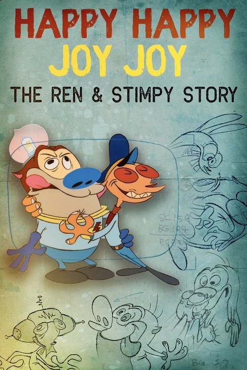 This vibrant movie poster features a cheerful Ren and Stimpy character in a playful pose, surrounded by whimsical doodles and sketches. The bright red and yellow color scheme evokes a joyful and energetic mood, capturing the essence of their animated adventures.