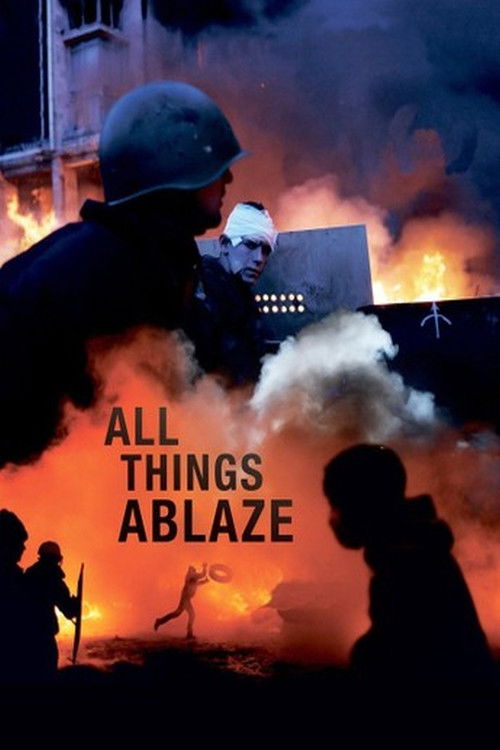 This movie poster depicts a chaotic scene with silhouettes of people amidst intense fire and smoke. The fiery orange and black colors convey urgency and danger, while the title "All Things Ablaze" suggests a dramatic and intense narrative. The overall mood is one of chaos and destruction.