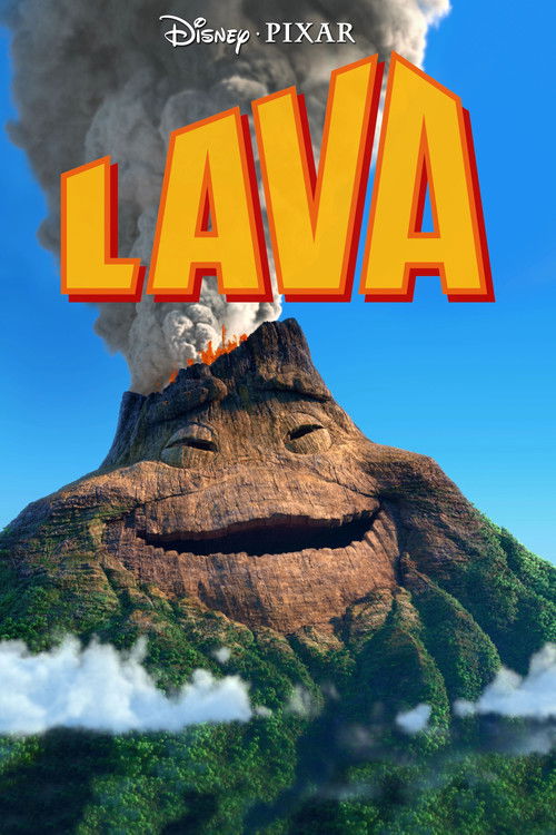 The poster features a volcano with a human face emerging from its crater, surrounded by lush greenery. The colors are vibrant, with the orange lava and blue sky creating a dynamic and humorous atmosphere.