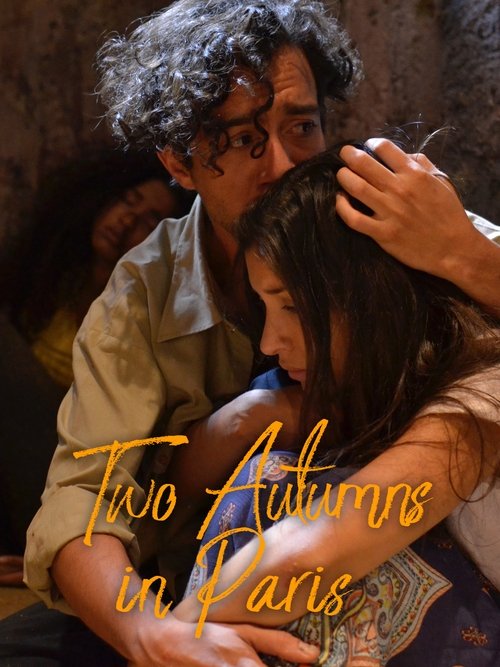 The poster captures a tender moment between two men in Paris, with warm lighting and rich colors. One man gently strokes the other's hair, while the other looks down thoughtfully. The title, "Two Autumns in Paris," is elegantly written in golden script, evoking nostalgia and romance.