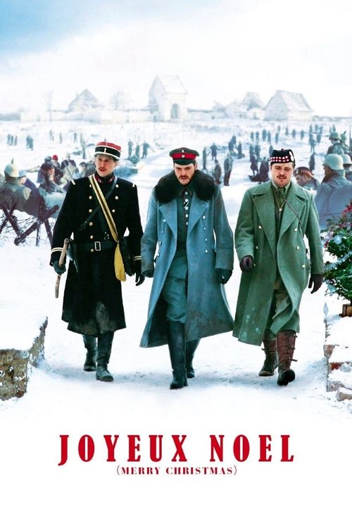The poster features three men in heavy coats walking through a snowy landscape, evoking a classic holiday scene. The muted tones of the coats and the white snow create a serene, nostalgic atmosphere. The title "Joyeux Noel" is prominently displayed at the bottom, suggesting a festive and warm cel...