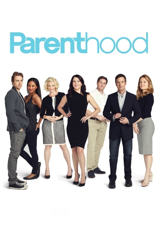The poster features seven characters standing in a row against a clean white background, with the title "Parenthood" prominently displayed in light blue. The group exudes a professional yet warm vibe, with varied clothing styles suggesting a mix of formal and casual attire. The overall compositio...
