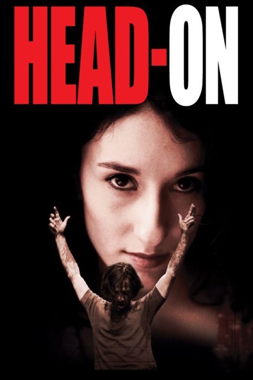 The poster features a woman with dark hair, her arms raised in a dramatic pose against a stark black background. The title "HEAD-ON" is prominently displayed in bold red and white letters. The overall mood is intense and mysterious, evoking suspense and danger.