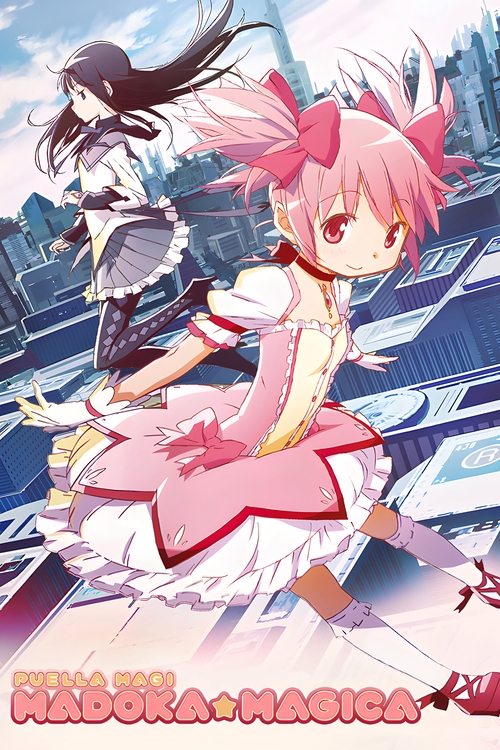 This anime poster features two magical girl characters in a dynamic pose against a cityscape backdrop. The vibrant pink and white color scheme, along with dramatic lighting, creates an energetic and magical atmosphere. The characters' expressions convey determination and passion, highlighting the...