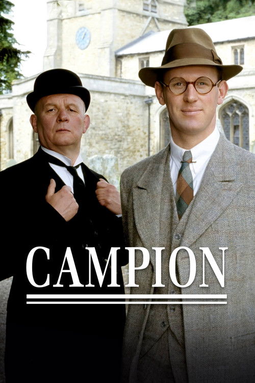 The poster features two men in period attire against a backdrop of a church. One man wears a black suit and bowler hat, while the other dons a light gray suit and fedora. The muted tones of the clothing and the soft, slightly melancholic atmosphere evoke a sense of historical drama and intrigue.