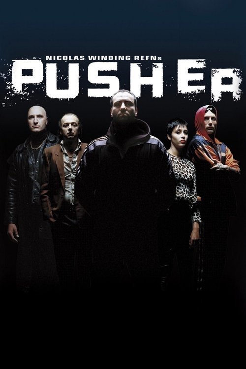 The poster features a group of six characters in dark, moody clothing against a stark black background. The title "Pusher" is prominently displayed in bold, distressed white lettering, evoking a gritty, urban atmosphere. The overall mood is intense and suspenseful, suggesting a thriller or crime ...