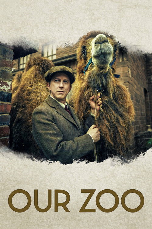 The poster features a man in a suit holding a large, furry monkey, set against a rustic backdrop. The earthy tones and warm lighting evoke a sense of nostalgia and adventure. The title "OUR ZOO" at the bottom suggests a story about animals and human interaction.
