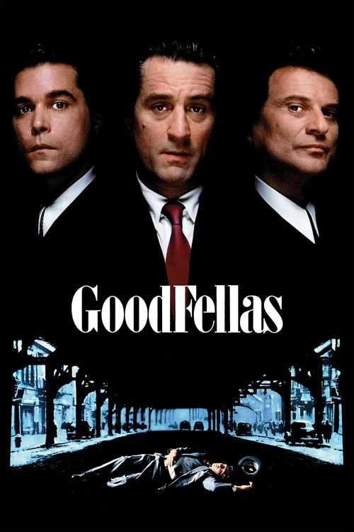 The poster features three men in suits against a dark background, with a car driving down a city street below. The title "GoodFellas" is prominently displayed in white letters. The overall mood is gritty and intense, reflecting the film's themes of crime and power.