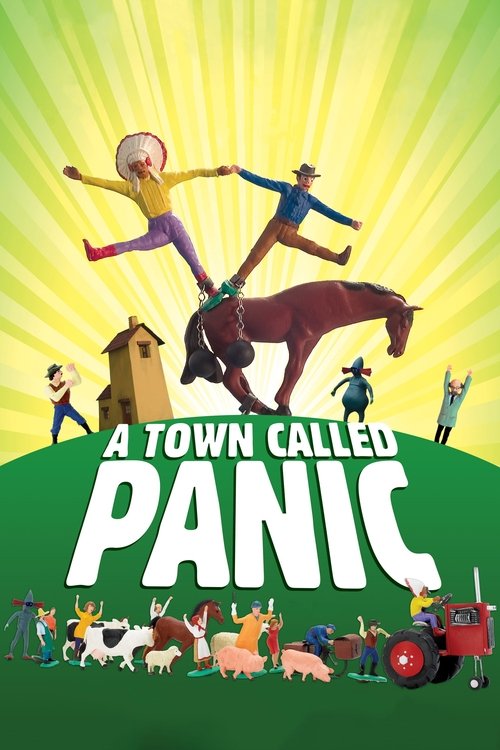 A vibrant poster featuring animated characters in dynamic poses against a radiant yellow background. The title "A Town Called Panic" is prominently displayed in bold white letters, surrounded by colorful illustrations of people and animals. The overall composition conveys a lively, energetic, and...