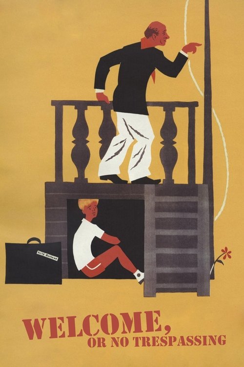 This vintage poster features a man in a black suit and white pants standing on a balcony, while another figure sits below with a suitcase nearby. The warm yellow background and bold red text convey a nostalgic, slightly rebellious mood.