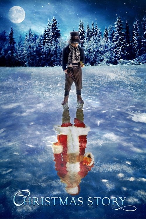 A lone figure stands in a snowy landscape under a full moon, surrounded by pine trees. The poster features a warm, festive Christmas tree reflected in the snow, creating a magical and serene mood.