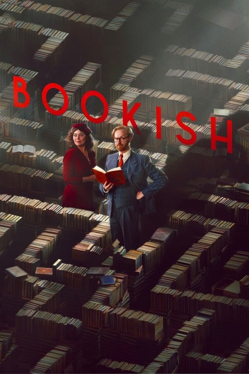 The poster features two people sitting amidst towering stacks of books, with one holding a book open. The warm lighting creates a cozy atmosphere, while the bold red "BOOKISH" text adds a playful, modern touch.