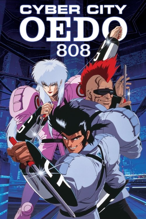 The poster features three anime-style characters in dynamic poses against a cyberpunk city backdrop. The vibrant purple and blue color scheme creates a futuristic, intense atmosphere, while the bold typography emphasizes the show's title and episode number.