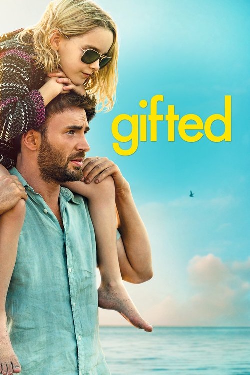 A man in a light blue shirt carries a woman with sunglasses and a patterned top on his shoulders, set against a serene beach backdrop. The vibrant yellow title "gifted" stands out against the soft blue sky, evoking a romantic and hopeful mood.