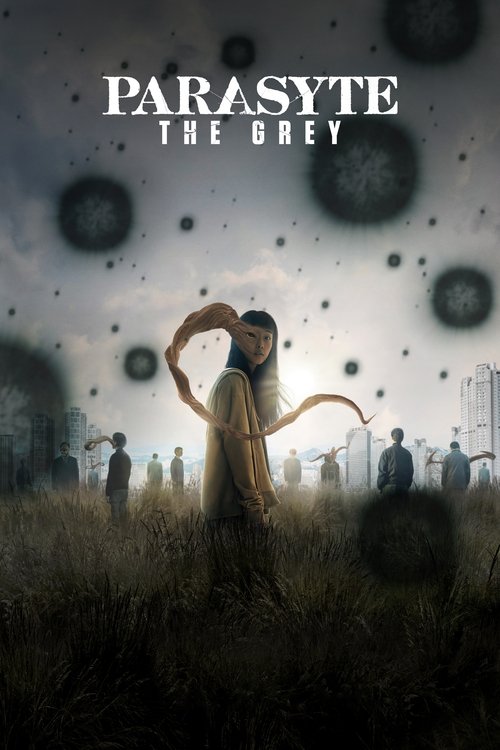The poster features a solitary figure in a yellow dress standing amidst a desolate, grassy field, surrounded by shadowy figures and floating debris. The muted, sepia-toned palette conveys a somber, eerie atmosphere, while the title "Parasyte: The Grey" is prominently displayed at the top.