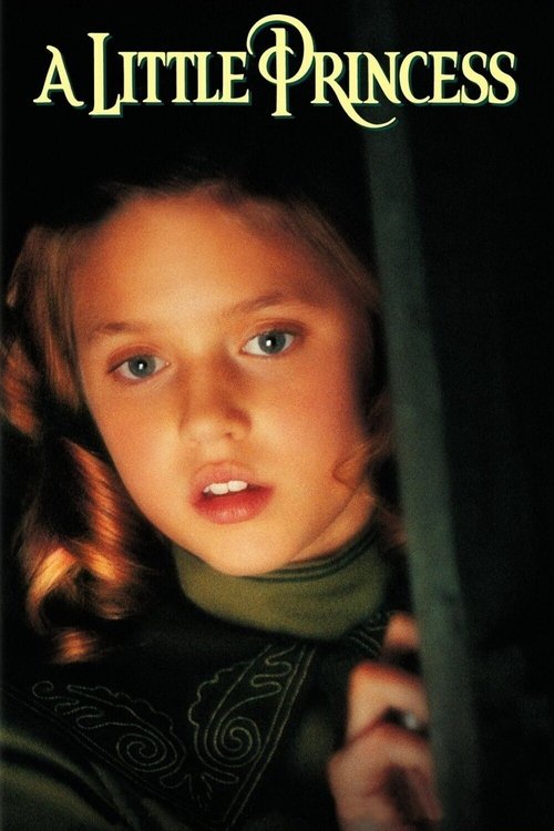 The poster features a young girl with striking blue eyes and fair skin, gazing intently at the viewer. Her expression is one of curiosity and wonder, set against a dark background that emphasizes her features. The title "A Little Princess" is elegantly written in gold lettering at the top, sugges...