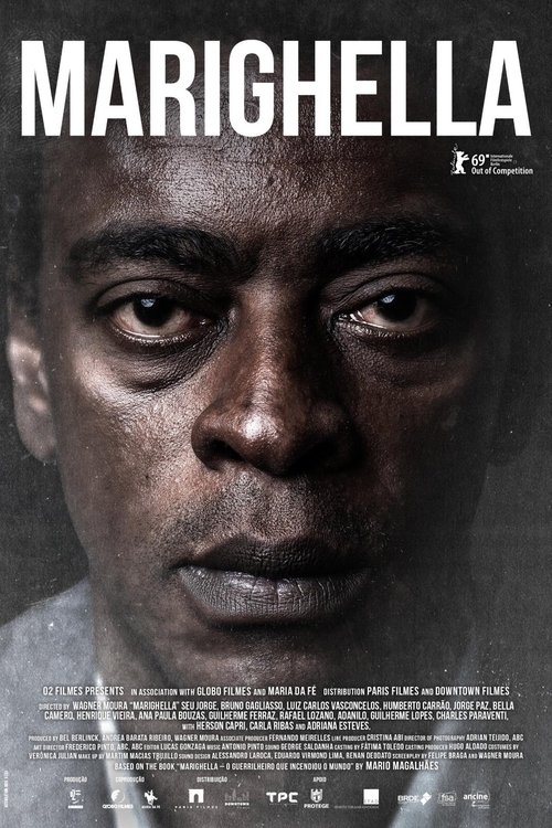 The poster features a close-up of a man's face, conveying a somber and intense mood. The dark, gritty tones of the image suggest a serious drama. The title "MARIGHELLA" is prominently displayed in bold, white letters, emphasizing the film's name.