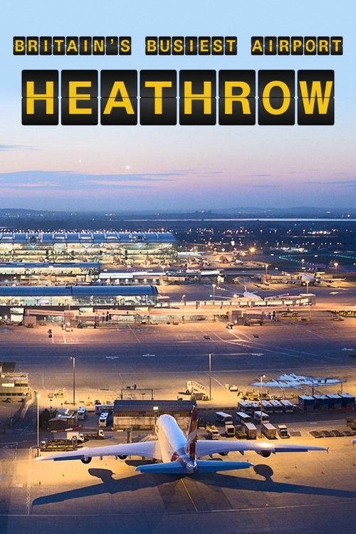 The poster captures the bustling atmosphere of Heathrow Airport at sunset, with a plane landing on the runway and people walking around. Warm golden hues blend with the blue sky, evoking a sense of energy and excitement.