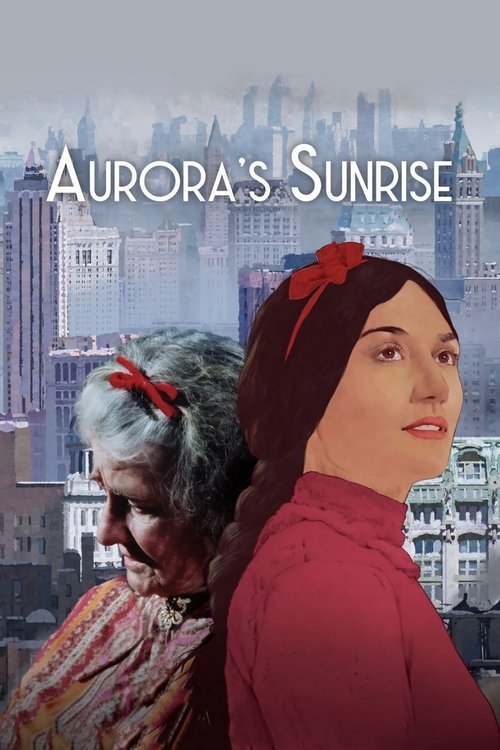 The poster features two women in period clothing against a backdrop of a city skyline. One woman, with gray hair and a red headband, wears a colorful dress, while the other, with dark hair and a red headband, wears a red top. The muted colors of the buildings and the soft lighting evoke a nostalg...