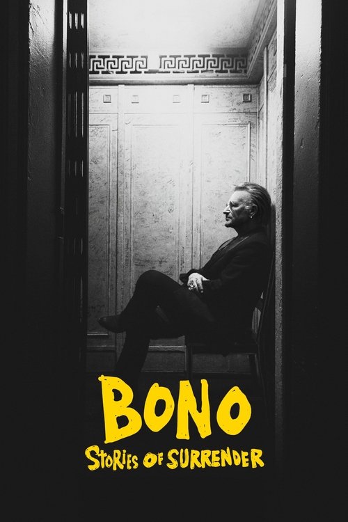 This black-and-white poster features a solitary figure sitting in an elevator, evoking a sense of introspection and solitude. The muted tones and minimalist composition suggest themes of introspection and personal struggle. The bold yellow text "Bono" anchors the image, emphasizing the artist's n...