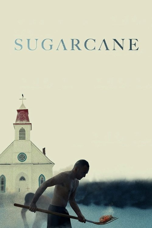 A lone figure shovels sugar cane in a serene, sunlit landscape. The poster features a white church with a red roof, evoking a peaceful rural setting. The muted colors and soft lighting create a nostalgic, contemplative mood.