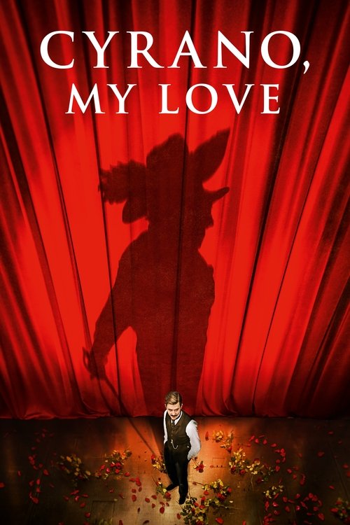 The poster features a man in a suit standing before a dramatic red curtain backdrop, with a shadow of a horseman looming above. The warm lighting and rich red tones evoke a sense of mystery and romance, while the scattered petals on the floor add a touch of whimsy.