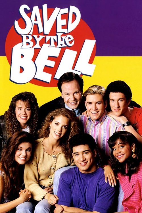 The poster features a vibrant collage of young adults and teenagers, exuding youthful energy and camaraderie. The bold, colorful design with the iconic "Saved by the Bell" title in red and white creates a lively atmosphere, suggesting a heartwarming story about friendship and family.