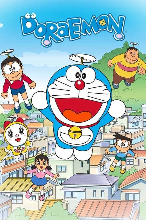 This vibrant poster showcases beloved characters from "Doraemon" in a cheerful urban setting. Doraemon, the blue robot, stands prominently in the center with his signature red nose and expressive eyes. To his left, Nobita and Shizuka float above the rooftops, while Toad and Nobita's father hover ...