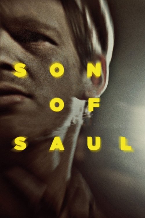 The poster features a close-up of a man's face, partially obscured by bold yellow text spelling "SON OF SAUL." The mood is somber and intense, suggesting a dramatic or thriller narrative.