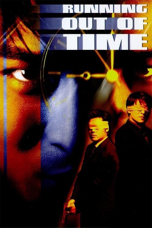 The poster features two men in dark suits against a dramatic backdrop of split colors—red and blue—suggesting a thriller or suspense. The title "Running Out of Time" is prominently displayed in bold, white letters, evoking urgency and tension. The overall mood is intense and mysterious, hinting a...