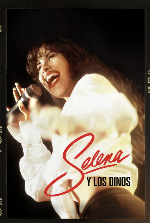 The poster features Selena in a joyful pose, her bright white blouse glowing under warm lighting. The title "Selena y Los Dinos" is elegantly written in red script, evoking a sense of family legacy. The dark background contrasts with the vibrant colors, creating a nostalgic and celebratory mood.