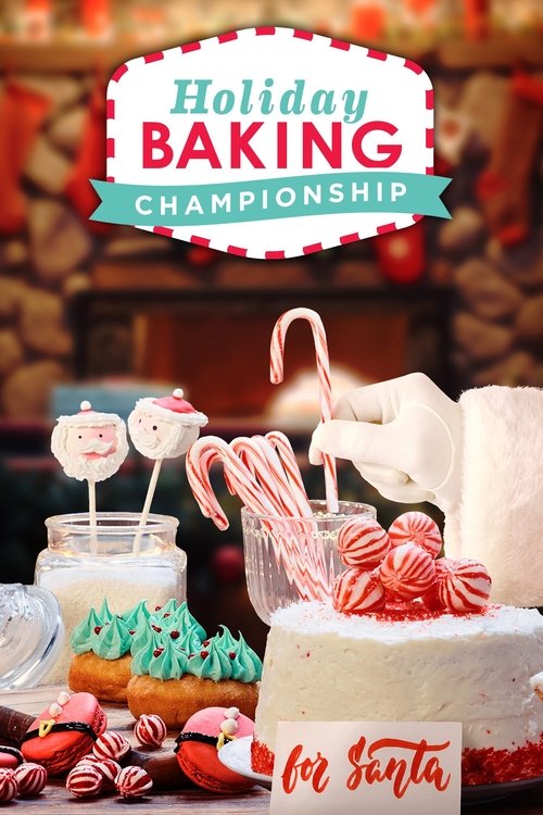 A festive holiday baking championship poster featuring colorful candy canes and decorated treats, with a cheerful "for Santa" sign.