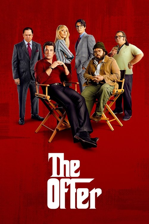 The red backdrop sets a dramatic tone, with the cast in casual attire standing or sitting on wooden chairs, creating a relaxed yet professional atmosphere. The bold white title "The Offer" anchors the composition, suggesting a blend of humor and drama.