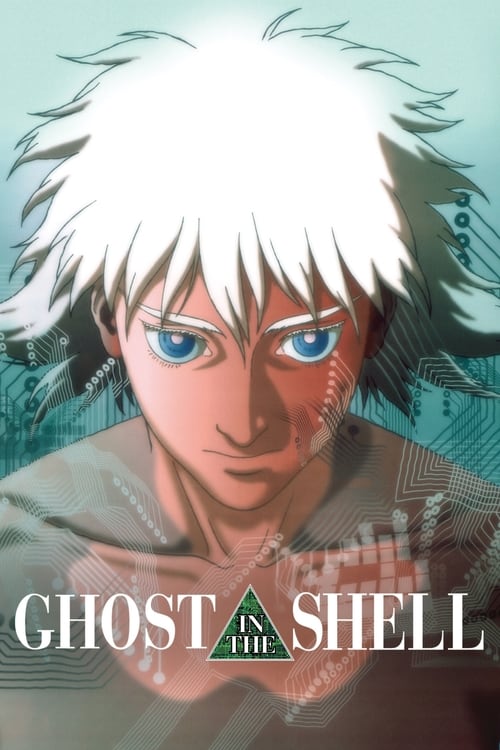The poster features a striking anime-style character with voluminous white hair and piercing blue eyes, exuding a mysterious aura. The background is a soft gradient of teal and blue hues, creating a dreamlike atmosphere. The title "GHOST IN THE SHELL" is prominently displayed in bold, metallic le...