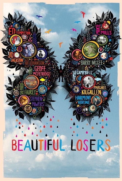 The poster features two stylized black bird silhouettes against a vibrant blue sky, each adorned with colorful, eclectic symbols like coins, books, and musical notes. The title "Beautiful Losers" is prominently displayed at the bottom in bold, multicolored letters. The overall mood is whimsical a...