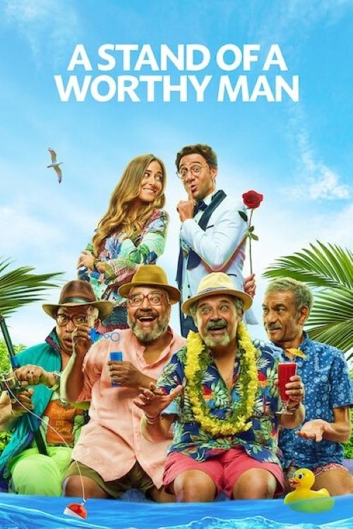 The poster features a vibrant tropical scene with seven men in colorful Hawaiian attire, each holding a drink and smiling. The bright blue ocean backdrop and lush greenery evoke a cheerful, carefree mood, capturing the essence of friendship and camaraderie.
