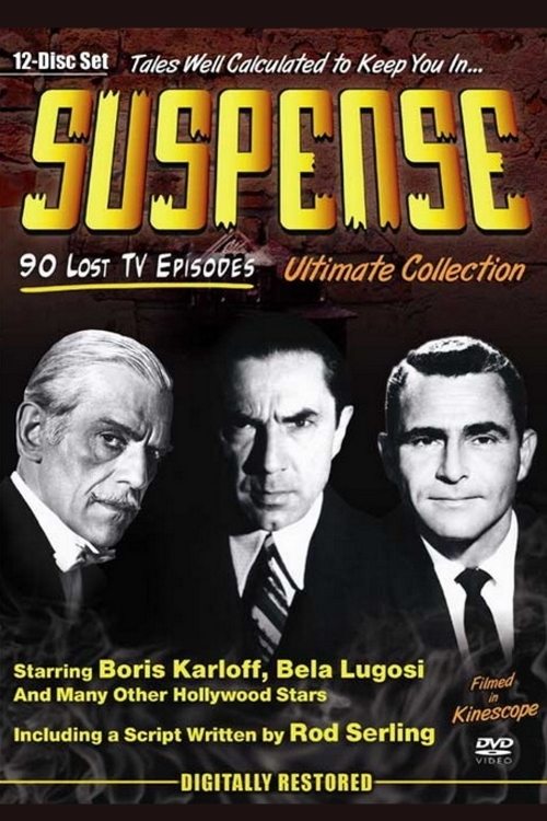 The poster features three men in suits against a dark background, creating a suspenseful atmosphere. The colors are primarily black, white, and yellow, with the title "Suspense" in bold, eye-catching yellow letters. The overall mood is mysterious and intriguing, inviting viewers to explore the sh...