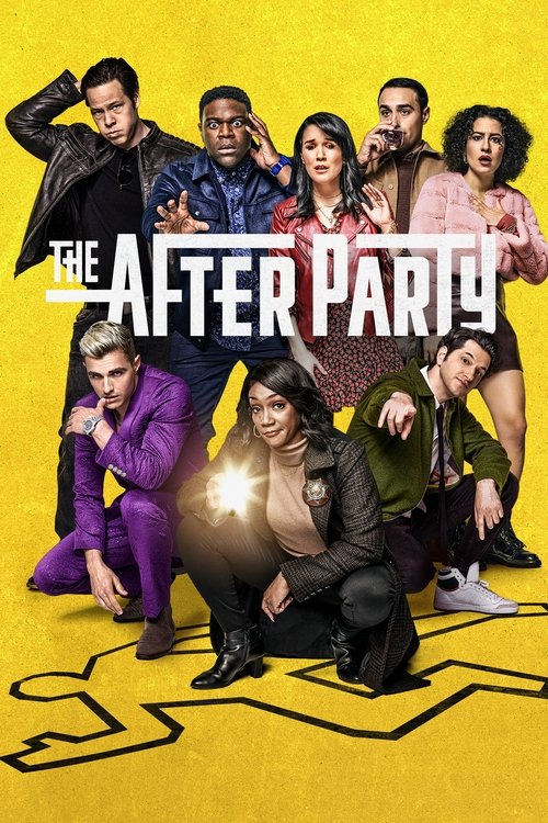 The poster features a vibrant yellow background with the title "The Afterparty" in bold white letters. Several characters are posed dynamically, exuding energy and humor. The mood is lively and fun, capturing the essence of a high-energy party scene.