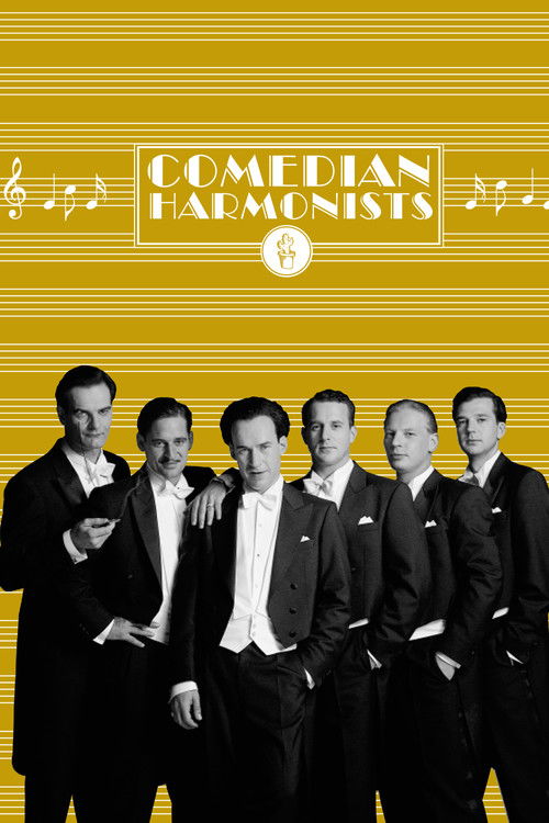 The Harmonists' movie poster features six men in black suits standing against a vibrant yellow background, exuding elegance and sophistication. The poster's bold typography and harmonious color scheme evoke a sense of musical harmony and artistic achievement.