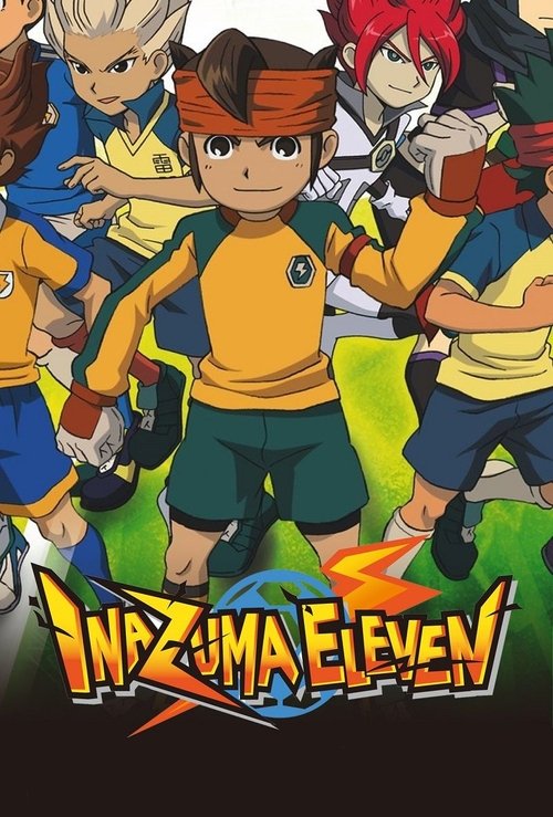 This vibrant poster features a group of Inazuma Eleven players in their signature yellow and blue uniforms, exuding energy and camaraderie. The dynamic composition captures the excitement of the game, with bold colors and energetic poses that convey a lively, competitive atmosphere.